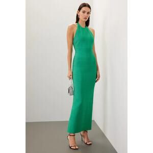 HERVE LEGER Kelly Green Halter Bandage Maxi Dress Gown Bodycon Size M Ret $1,100